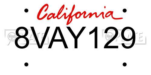 8VAY129 California License Plate
