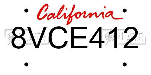 8VCE412 California License Plate
