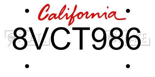 8VCT986 California License Plate