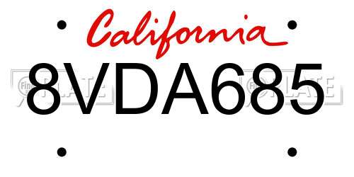 8VDA685 California License Plate