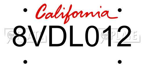 8VDL012 California License Plate