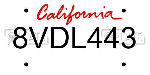 8VDL443 California License Plate