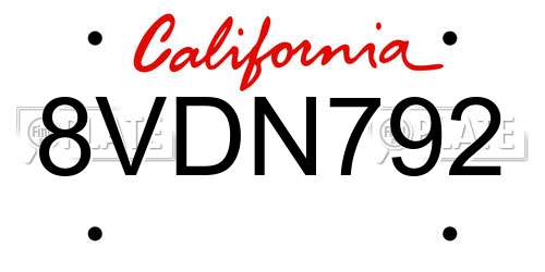 8VDN792 California License Plate