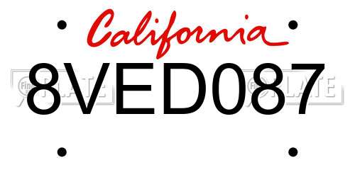 8VED087 California License Plate