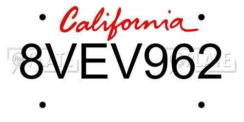 8VEV962 California License Plate