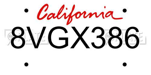 8VGX386 California License Plate