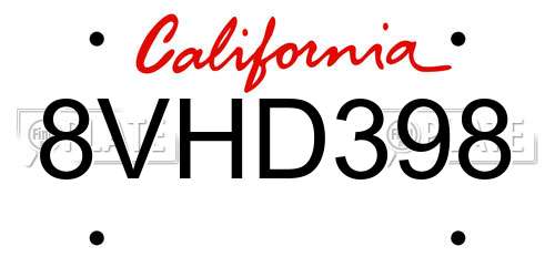 8VHD398 California License Plate