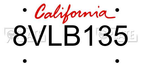 8VLB135 California License Plate