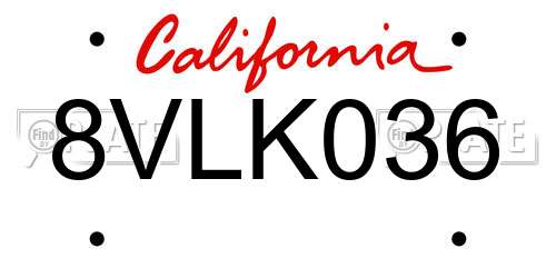 8VLK036 California License Plate