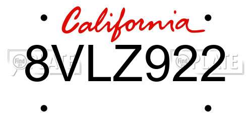 8VLZ922 California License Plate