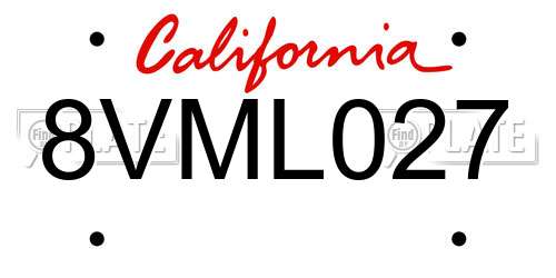 8VML027 California License Plate