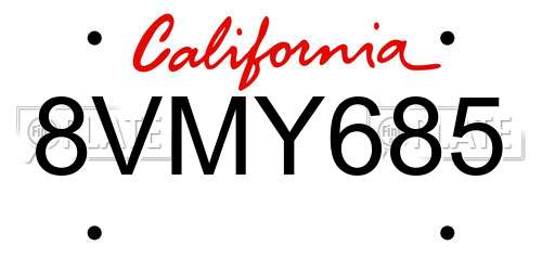 8VMY685 California License Plate