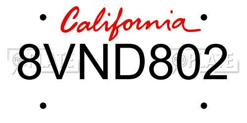 8VND802 California License Plate