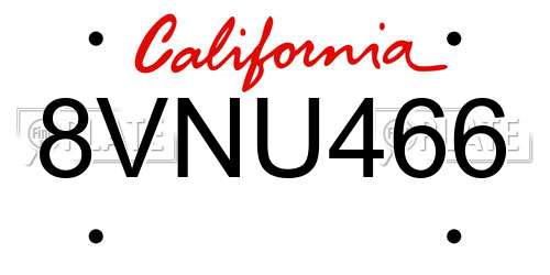 8VNU466 California License Plate