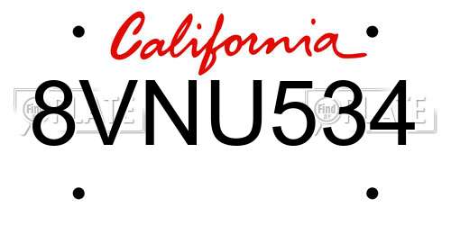 8VNU534 California License Plate