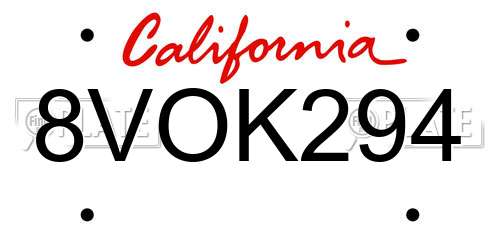 8VOK294 California License Plate