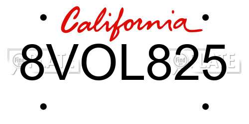 8VOL825 California License Plate
