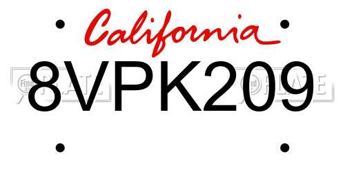 8VPK209 California License Plate