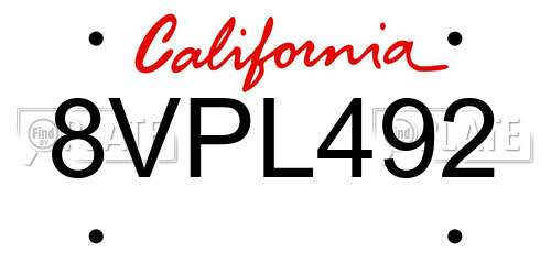 8VPL492 California License Plate