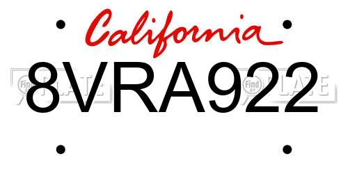 8VRA922 California License Plate