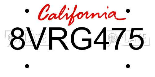 8VRG475 California License Plate