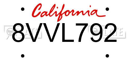 8VVL792 California License Plate