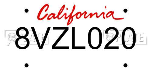 8VZL020 California License Plate