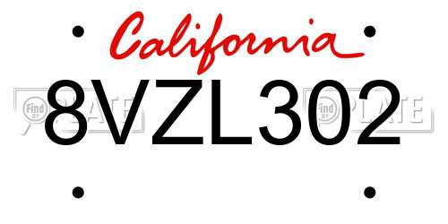 8VZL302 California License Plate