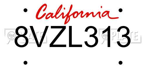 8VZL313 California License Plate