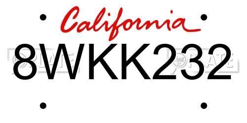 8WKK232 California License Plate