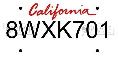 8WXK701 California License Plate
