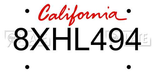8XHL494 California License Plate