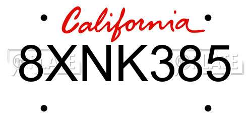 8XNK385 California License Plate