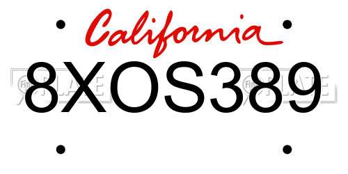 8XOS389 California License Plate