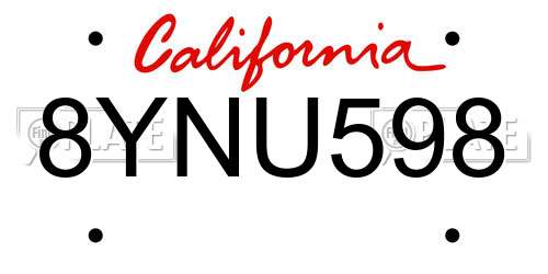 8YNU598 California License Plate