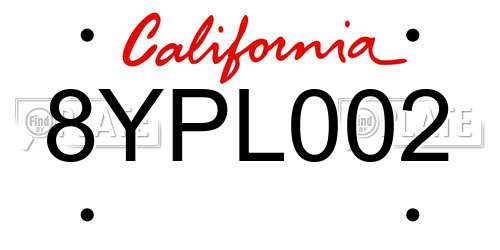 8YPL002 California License Plate
