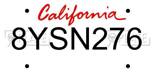 8YSN276 California License Plate