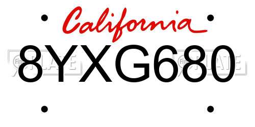 8YXG680 California License Plate