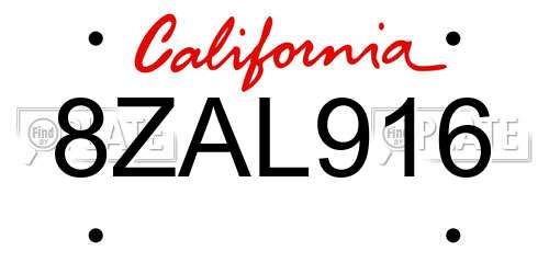 8ZAL916 California License Plate