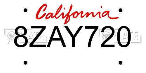 8ZAY720 California License Plate