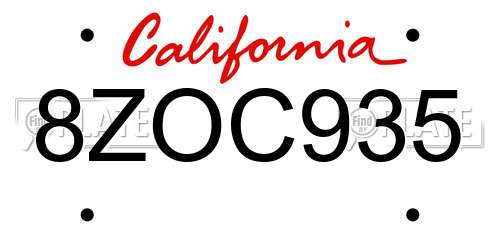8ZOC935 California License Plate