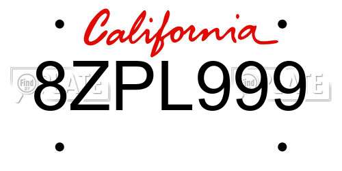 8ZPL999 California License Plate