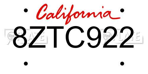8ZTC922 California License Plate