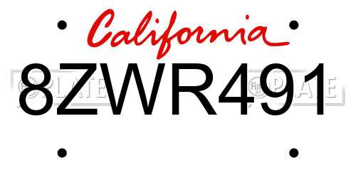 8ZWR491 California License Plate