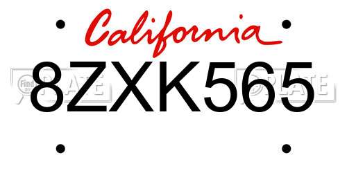 8ZXK565 California License Plate