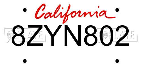 8ZYN802 California License Plate
