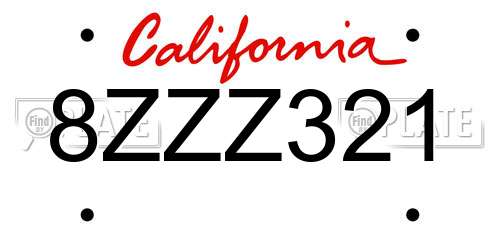 8ZZZ321 California License Plate