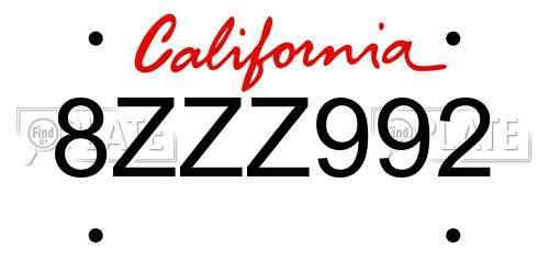 8ZZZ992 California License Plate