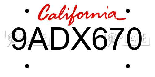 9ADX670 California License Plate