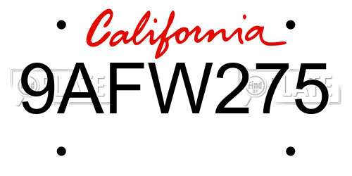 9AFW275 California License Plate
